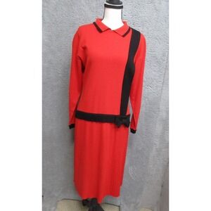Vtg Outlander Sweater Dress Womens Petite Medium Red Colorblock Bow Collar Knit